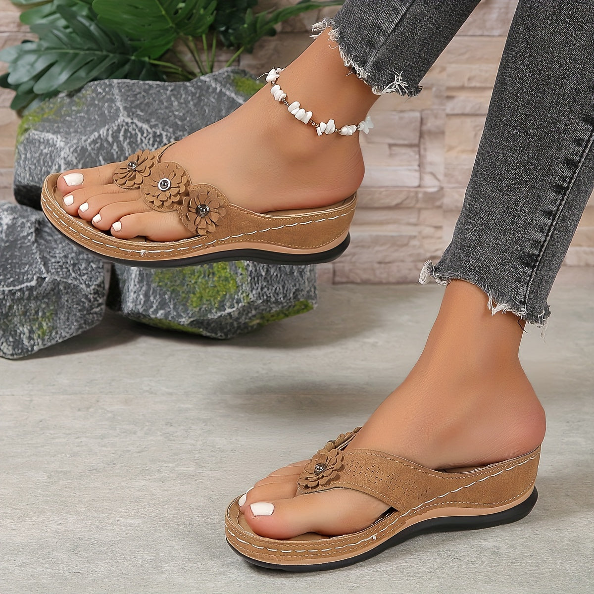 Comfortable Faux Leather Wedge Sandals with Flower Details
