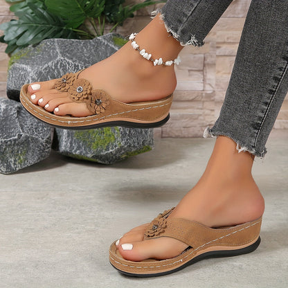 Comfortable Faux Leather Wedge Sandals with Flower Details