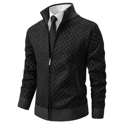 Men's Zip-Front Cardigan Diamond Pattern Ribbed Trim
