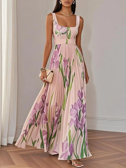 Women's Pleated Maxi Dress Floral Print Wide Straps