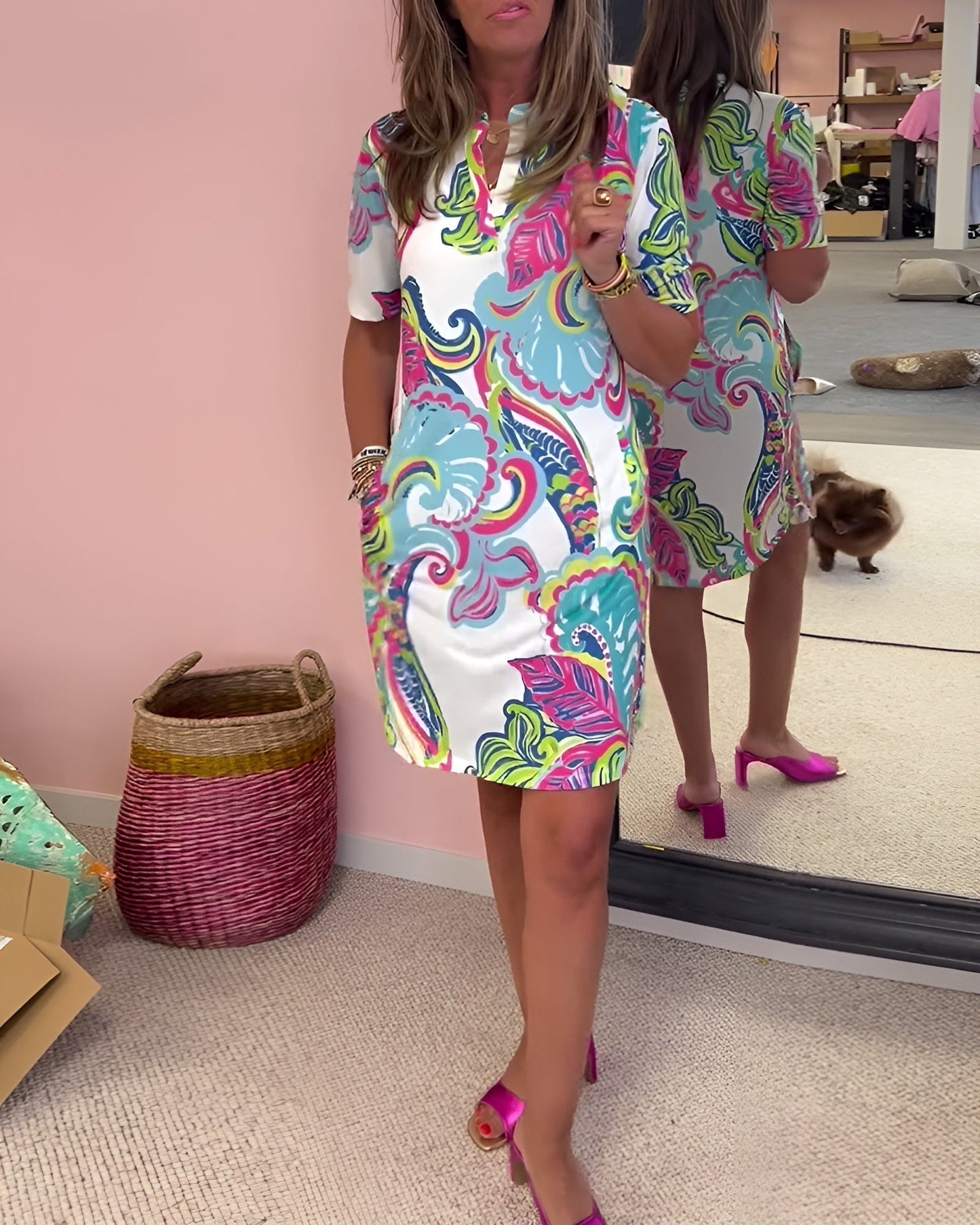 Women's V Neck Printed Draped Dress Tummy Control Casual Summer - VibreMode