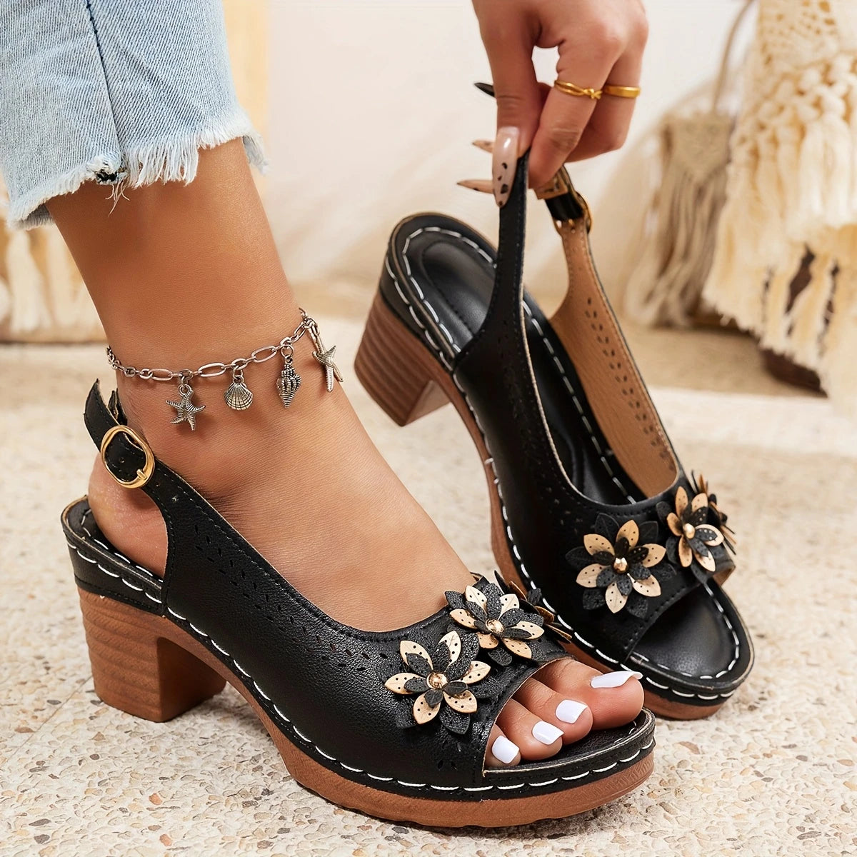 Brown Buckle Ankle Strap Flat Sandals