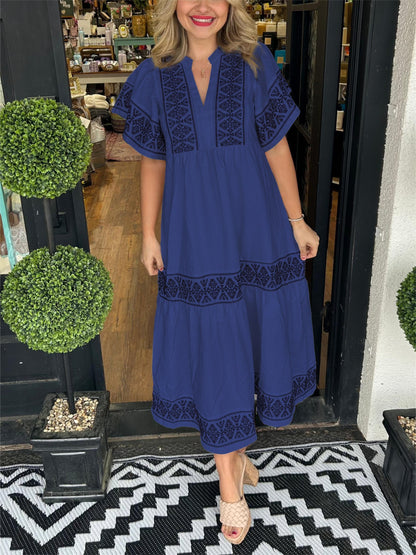 Women's Midi Dress Embroidered Notch Neck Short Sleeves