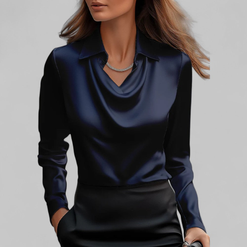 Elegant V Neck Long Sleeve Satin Women's Blouse