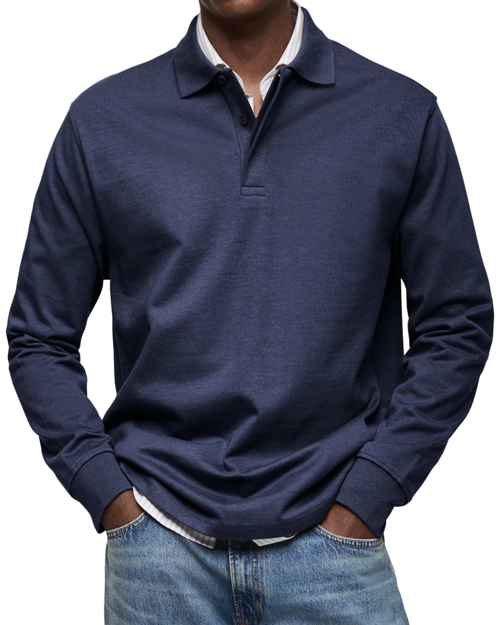 Men's Polo Shirt Long-Sleeve Button Placket Collar - VibreMode