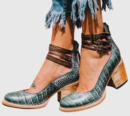 Ladies Buckled Ankle Block Heel Boots