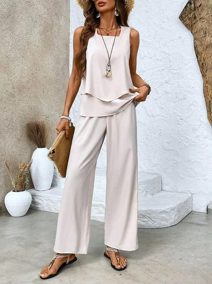 Women's Two Piece Round Neck Wide Leg Pants