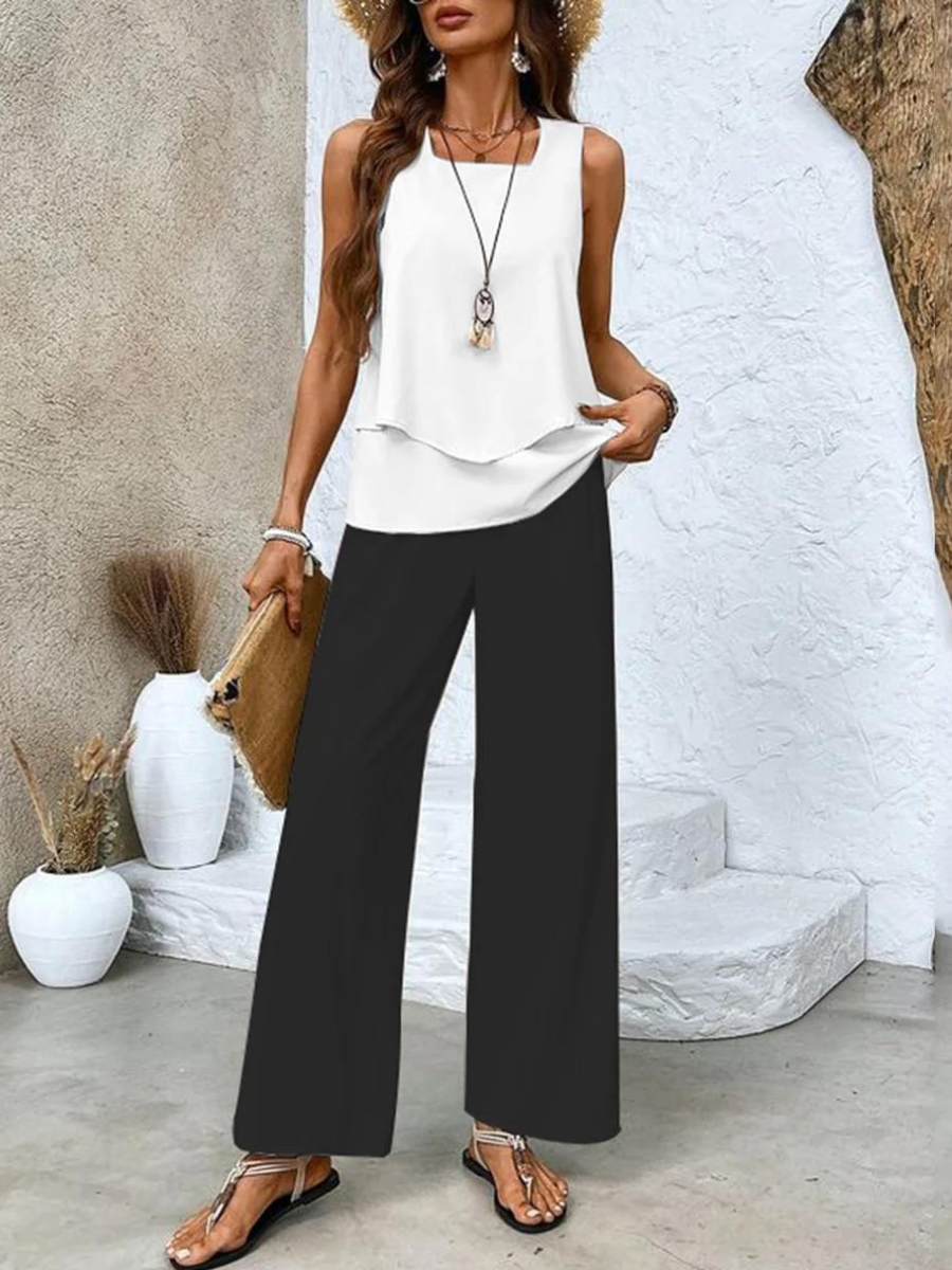 Women's Two Piece Round Neck Wide Leg Pants