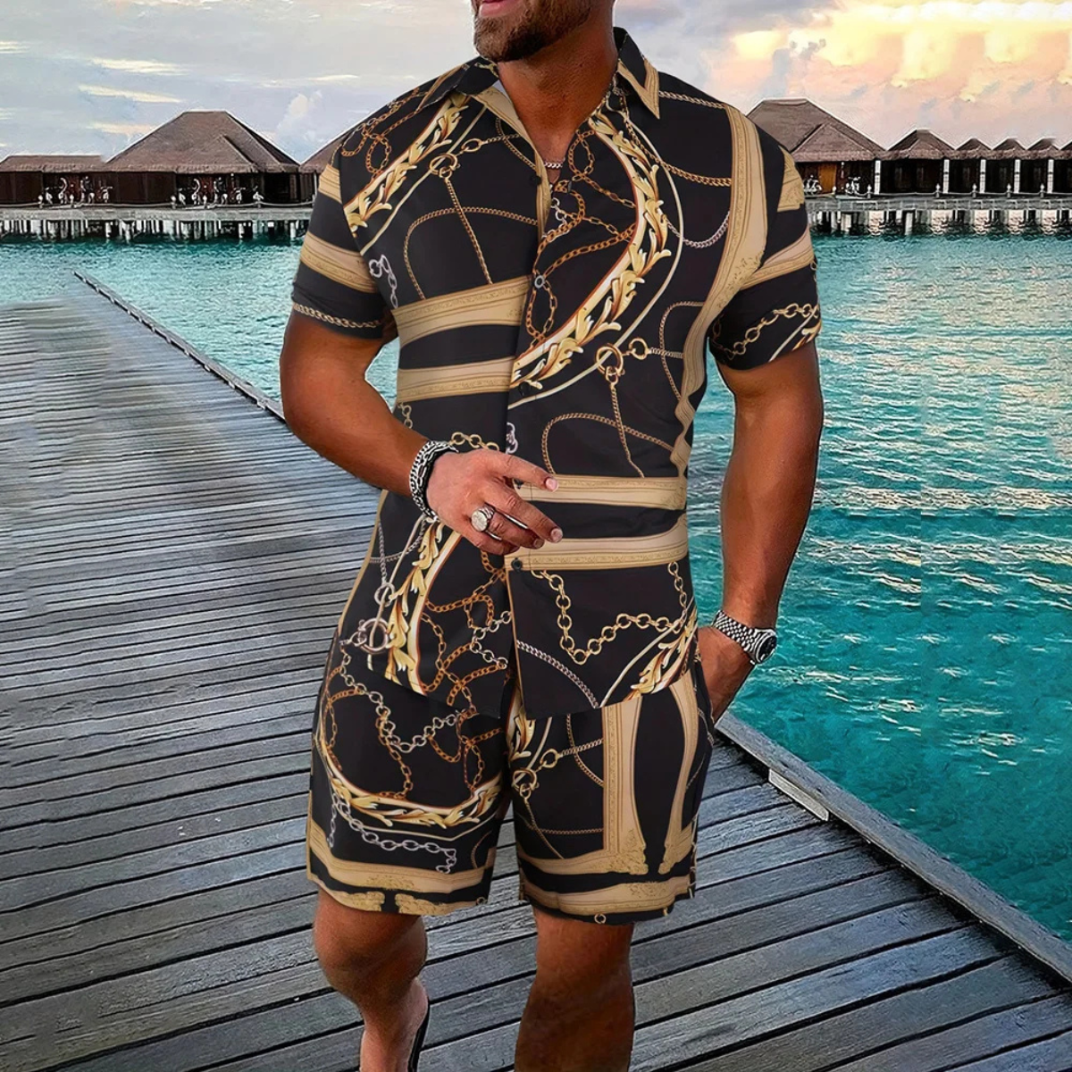 Men's Vintage Print Shirt And Shorts Set