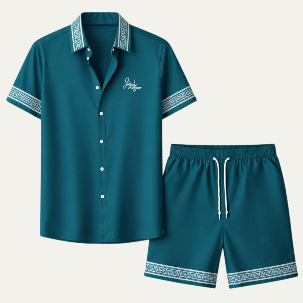 Men's Retro Print Shirt And Shorts Set - VibreMode