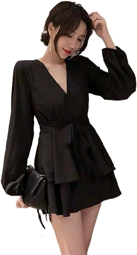 Women's V-Neck Lantern Sleeve Dress