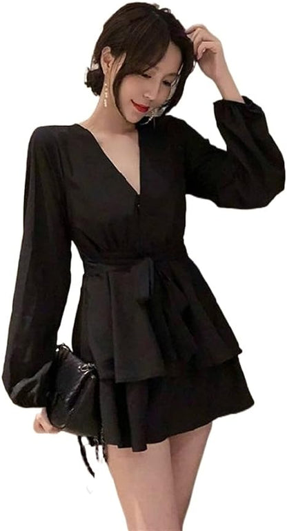 Women's V-Neck Lantern Sleeve Dress