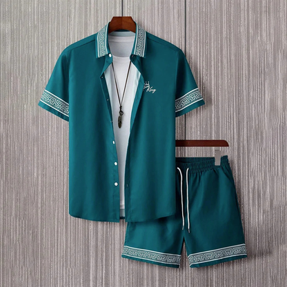 Men's Retro Print Shirt And Shorts Set