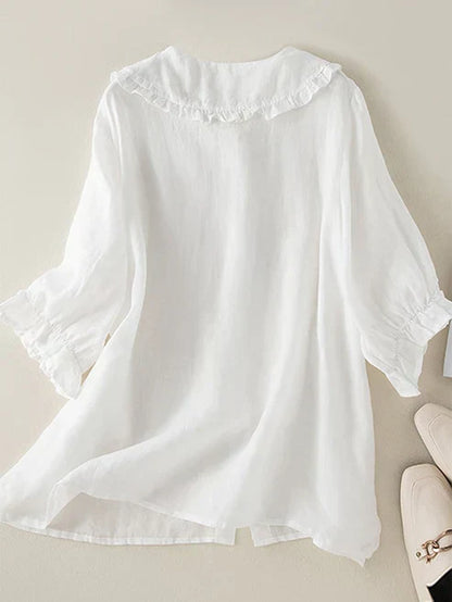 Women's Cotton Linen Blouse Ruffle Neck Relaxed Fit
