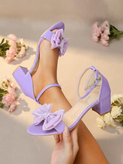 Women's Block Heels Ankle Strap Shoes with Bow Detail