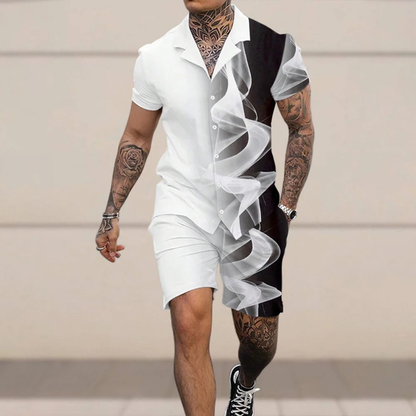 Men's Retro Print Shirt And Shorts Set