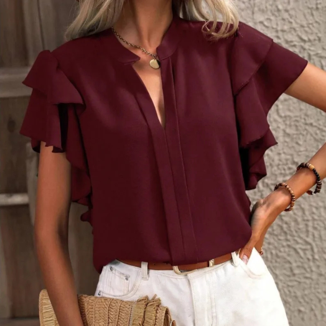 Women's Ruffle Blouse V-Neck Short Sleeve