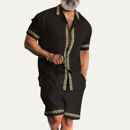 Men's Retro Print Shirt And Shorts Set