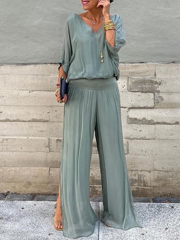 Green Women's V-Neck Flare Sleeve Loose Fit Jumpsuit Set