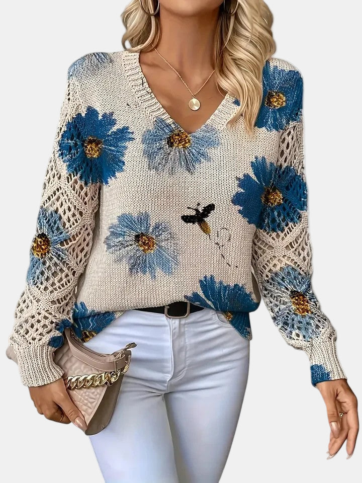 Women's V-Neck Sweater Floral Knit Pattern - VibreMode