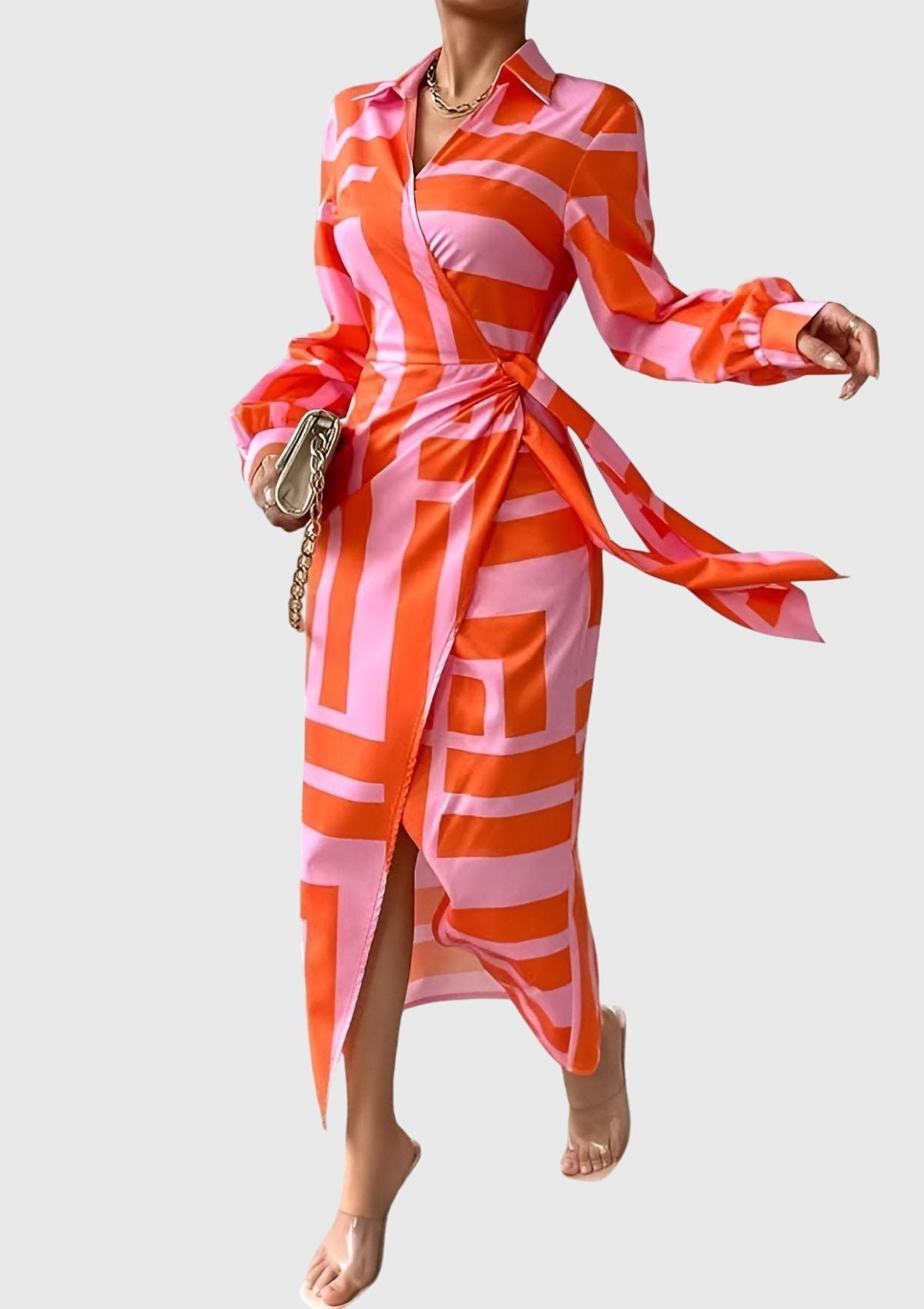 Casual Striped Midi Wrap Dress for Women - VibreMode