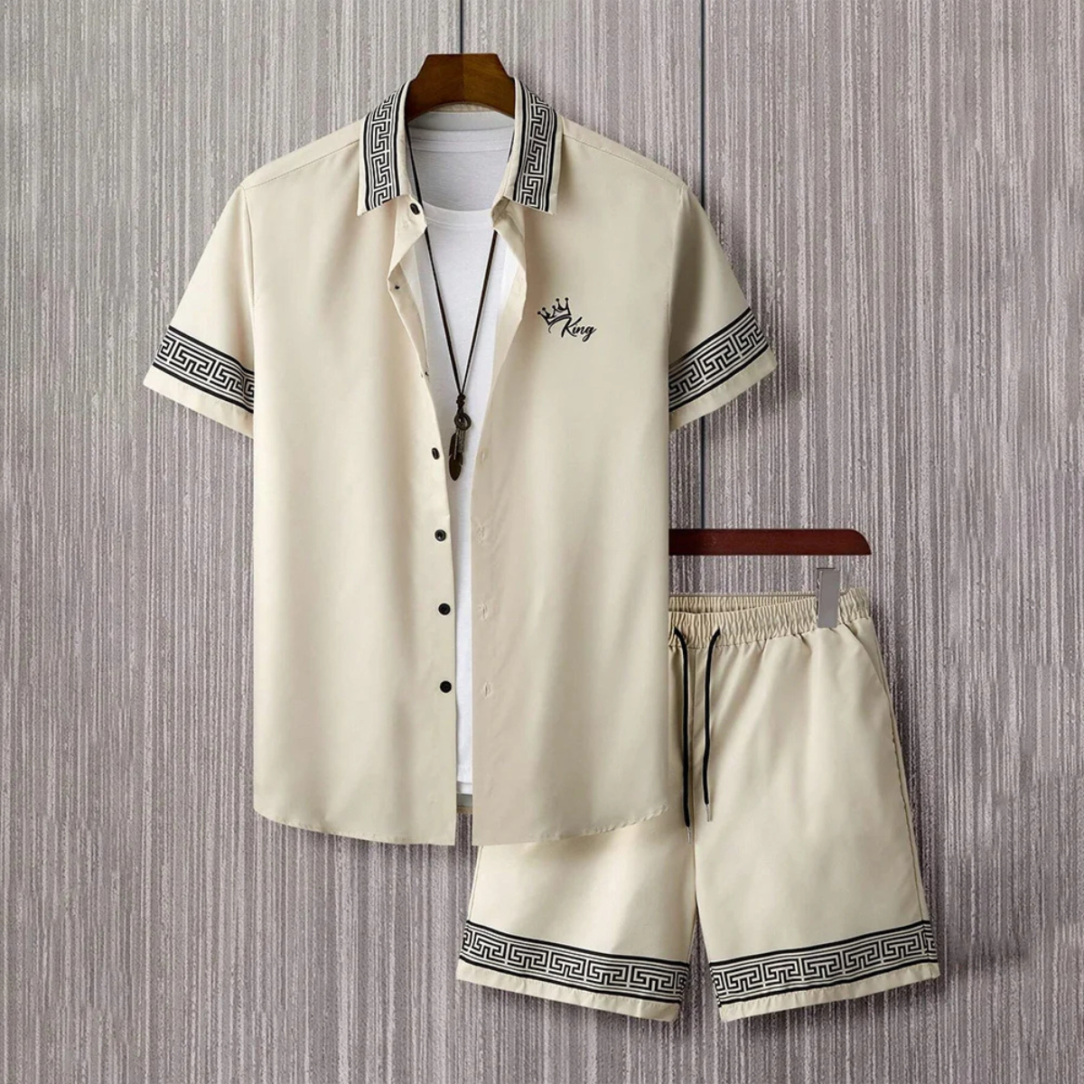 Men's Retro Print Shirt And Shorts Set