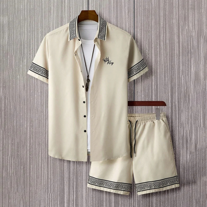 Men's Retro Print Shirt And Shorts Set