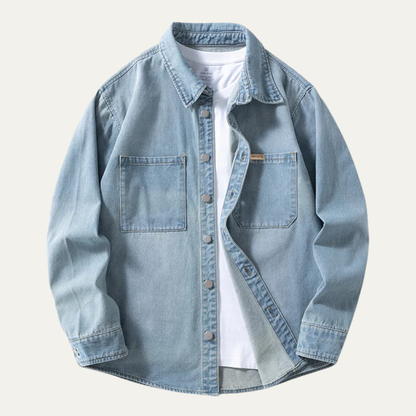 Mens Vintage Denim Shirt Loose Fit Button Up Blue - VibreMode