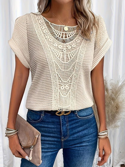 Women's Lace Trim Blouse with Round Neck - VibreMode