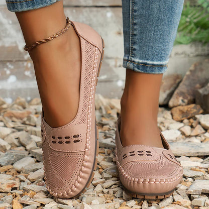 Women's Slip On Loafers Perforated Leather Round Toe