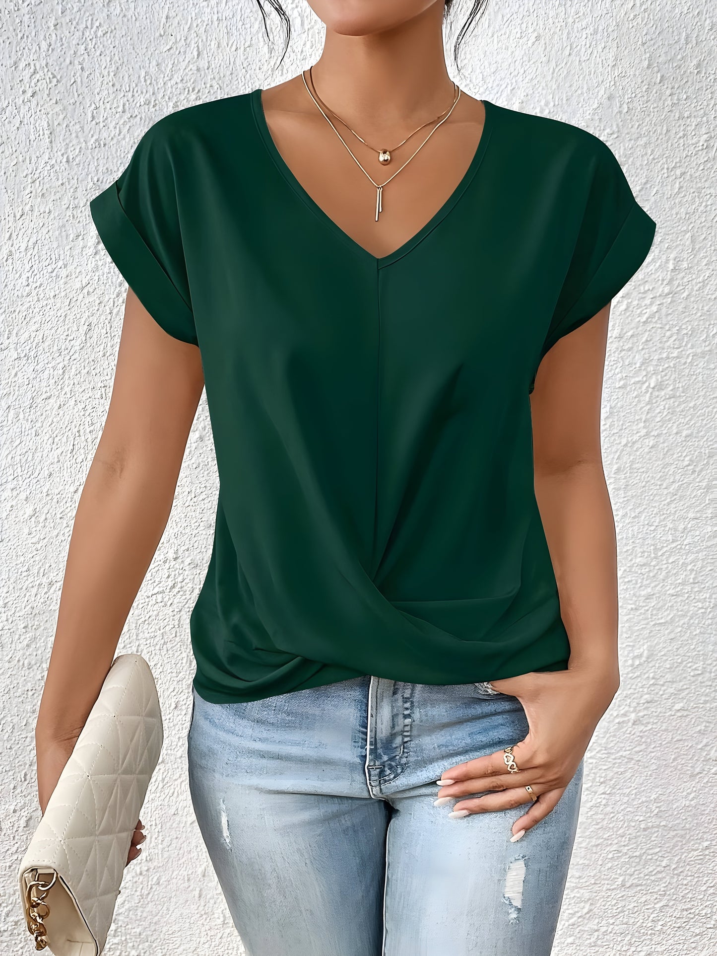 Chic V Neck Twist Front Ladies Summer Tee