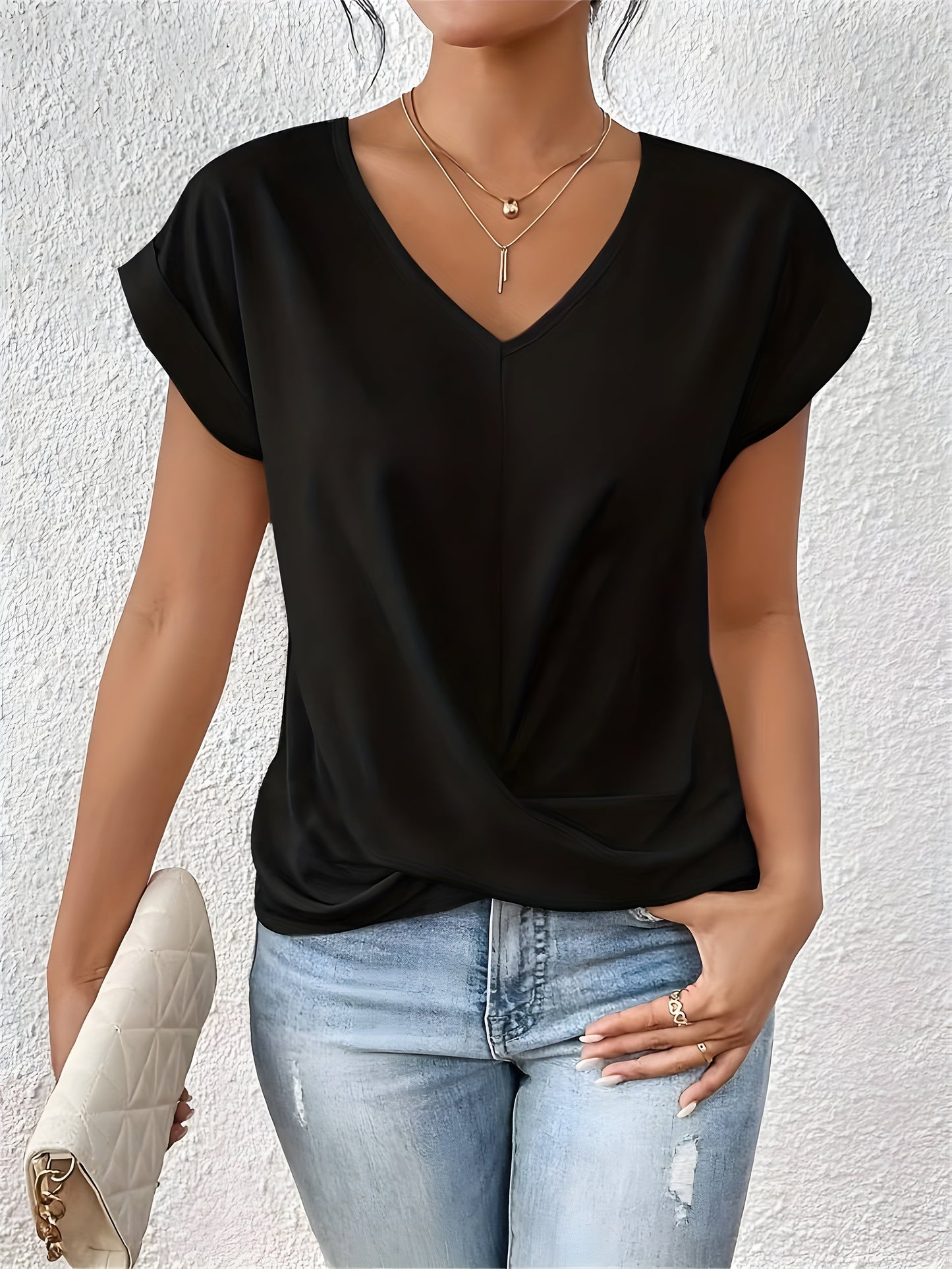 Chic V Neck Twist Front Ladies Summer Tee