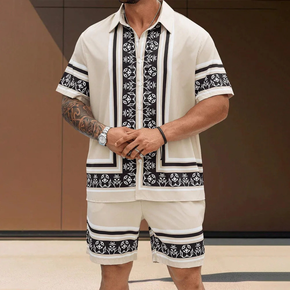 Men's Casual Print Shirt And Shorts Set