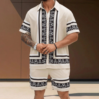 Men's Casual Print Shirt And Shorts Set