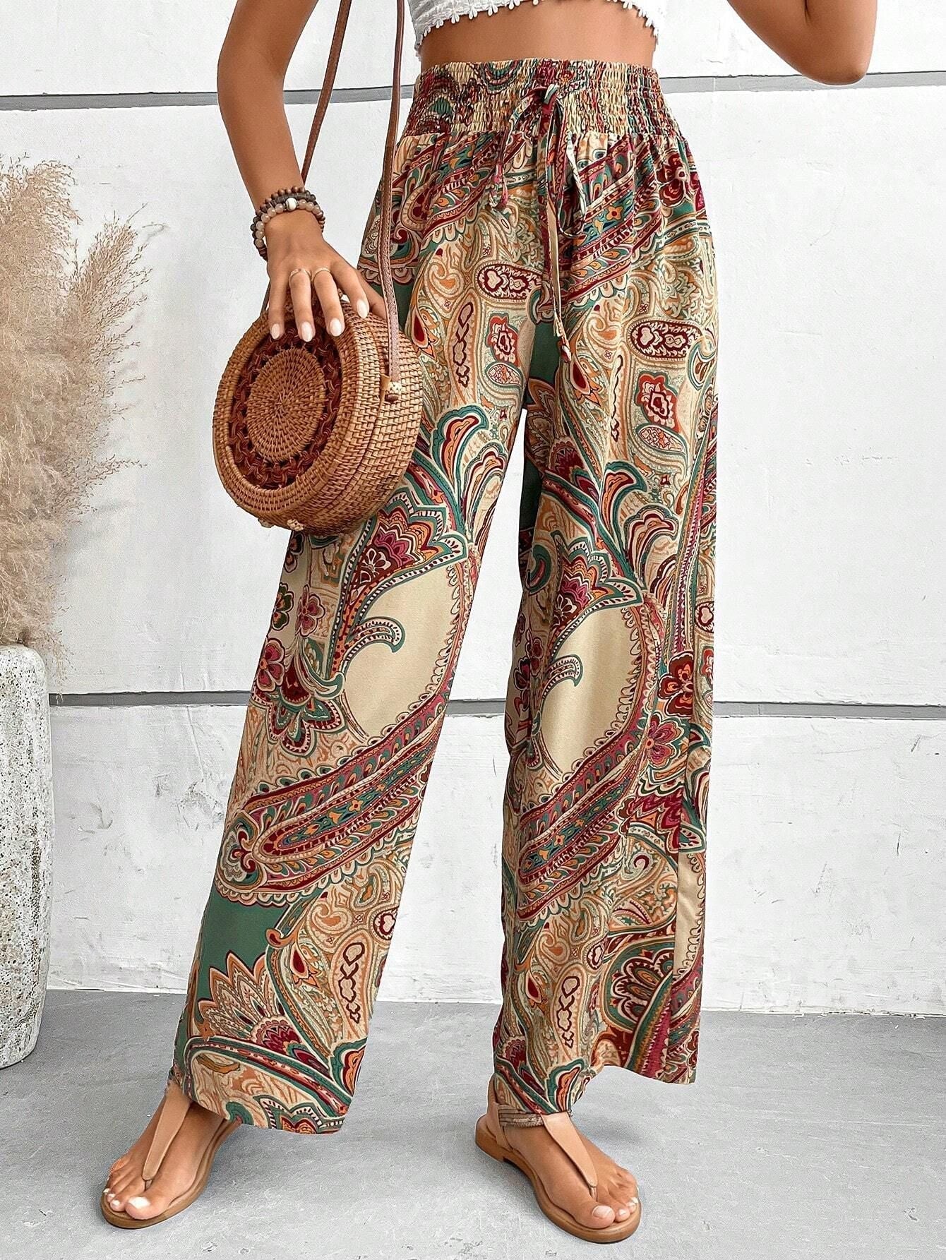Women's Wide Leg Trousers Slanted Pockets Bohemian Style - VibreMode