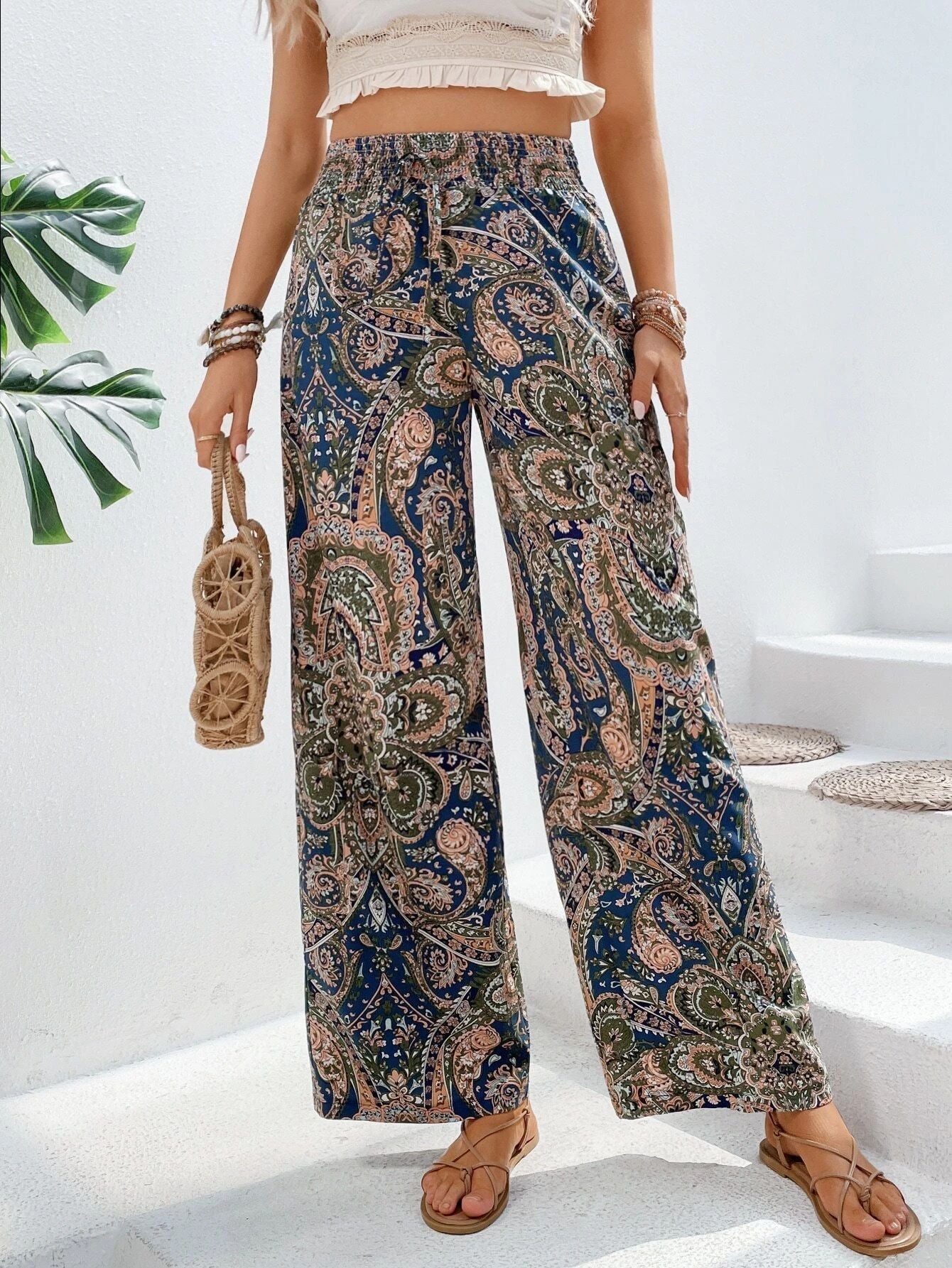 Women's Wide Leg Trousers Slanted Pockets Bohemian Style