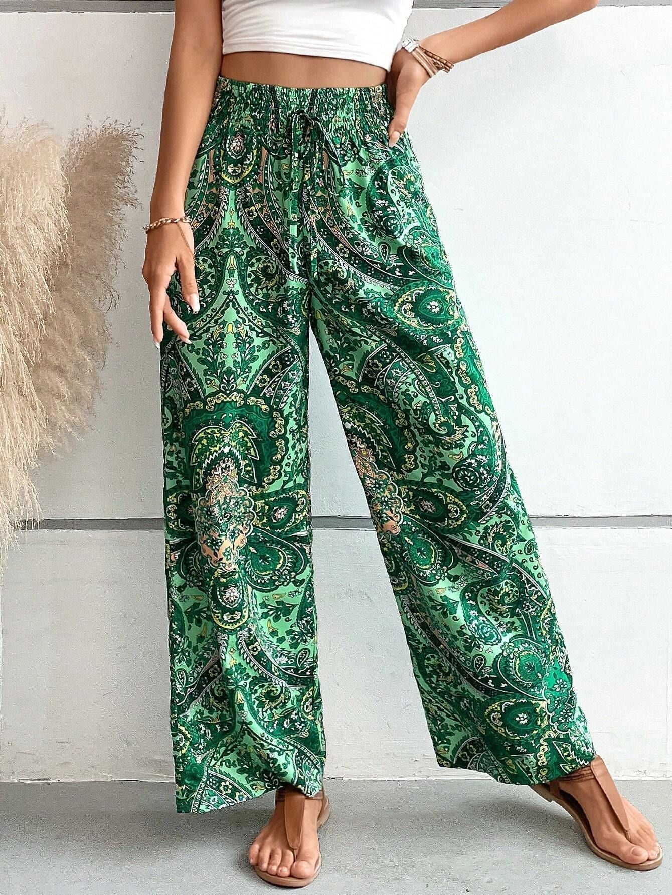 Women's Wide Leg Trousers Slanted Pockets Bohemian Style