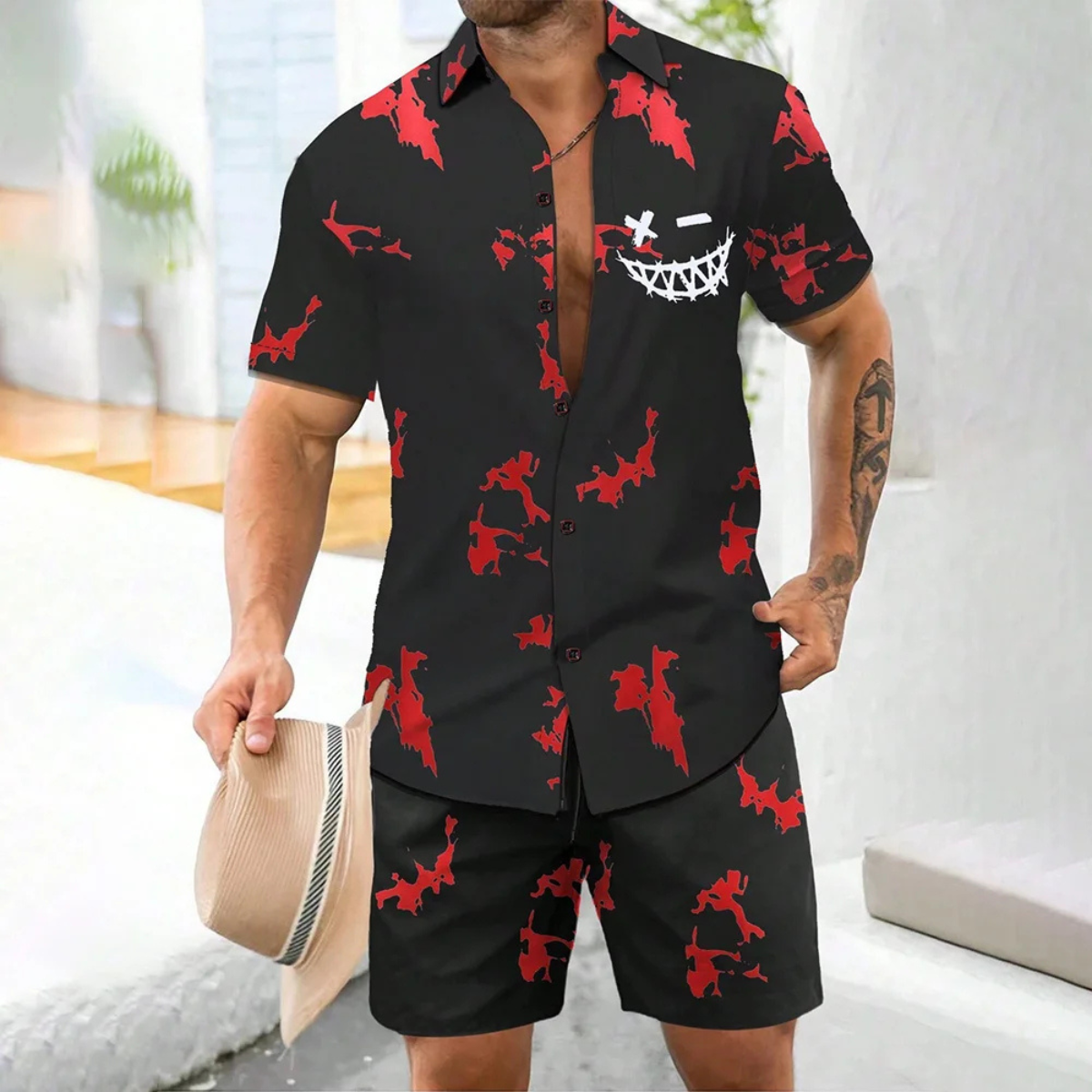 Men's Casual Print Shirt And Shorts Set