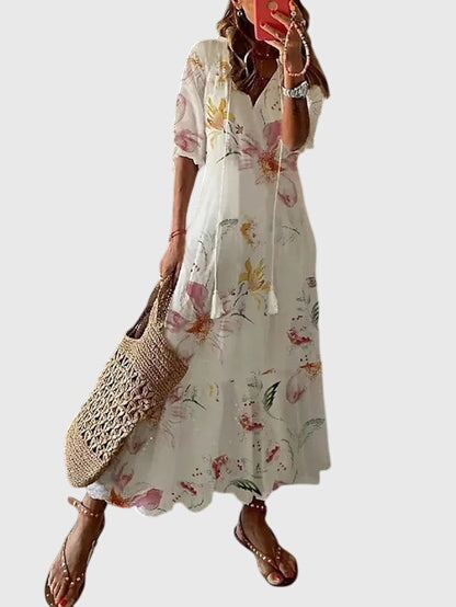 Trendy Floral V Neck Tassel Maxi Dress