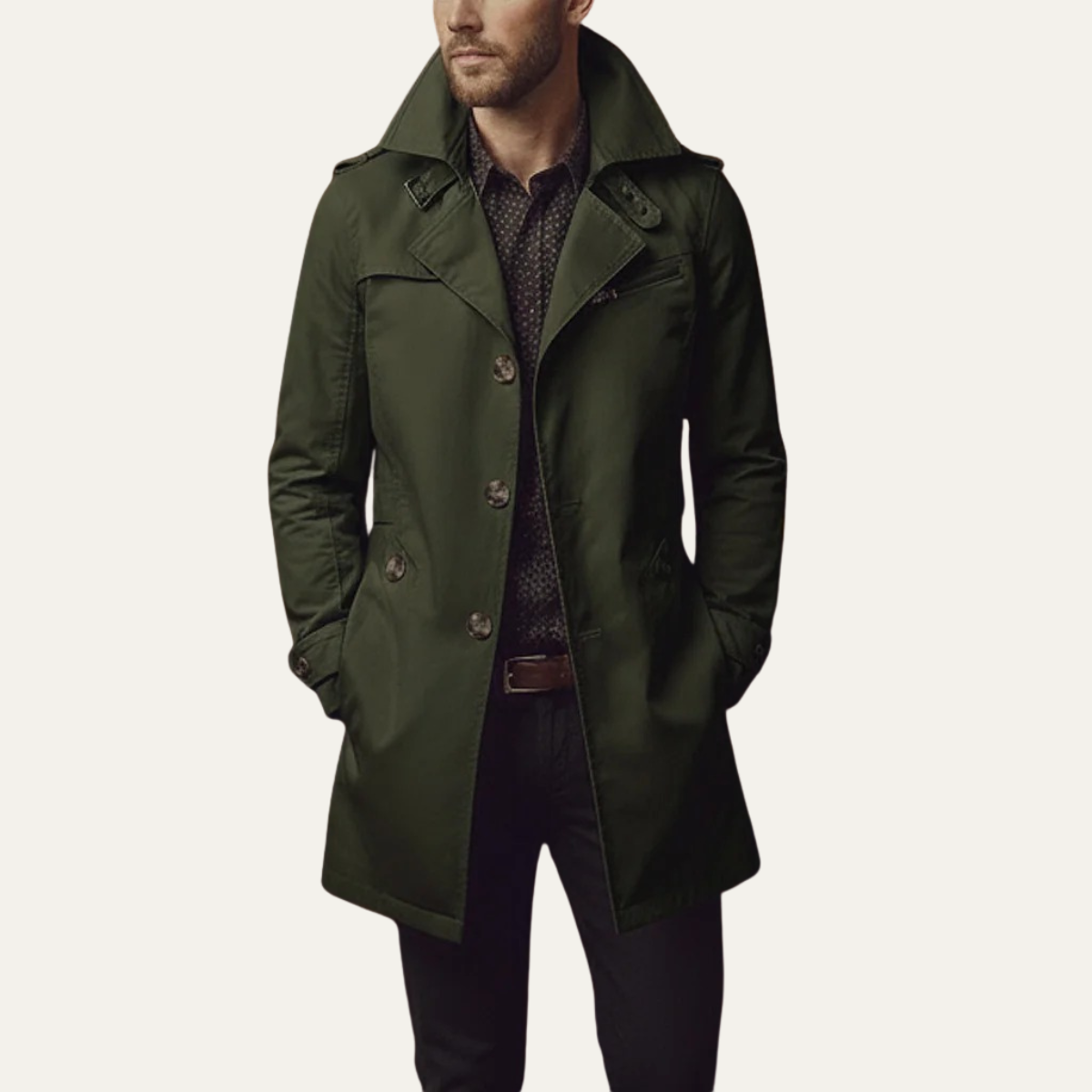 Men's Slim Fit Trench Coat Single Breasted Wool Black