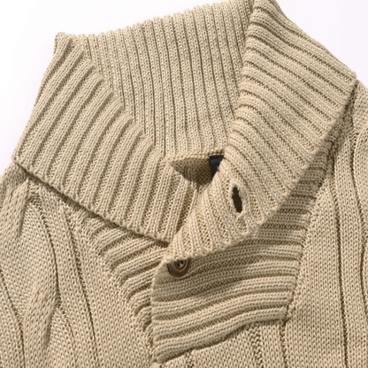 Men's Cable Knit Sweater Shawl Collar Button Neck