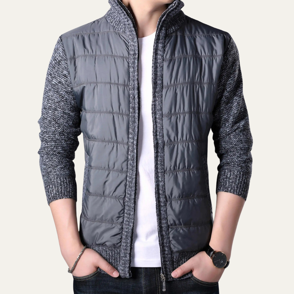 Men's Winter Puffer Jacket Knit Sleeve Zip Up