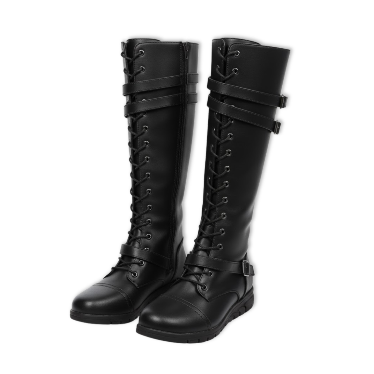Tall Black Leather Buckle Knee High Boots