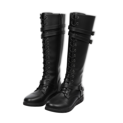 Tall Black Leather Buckle Knee High Boots