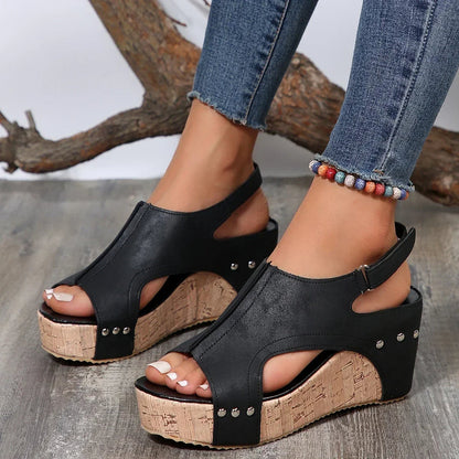 Women's Wedge Sandals Peep-Toe Cross-Tie Comfortable - VibreMode