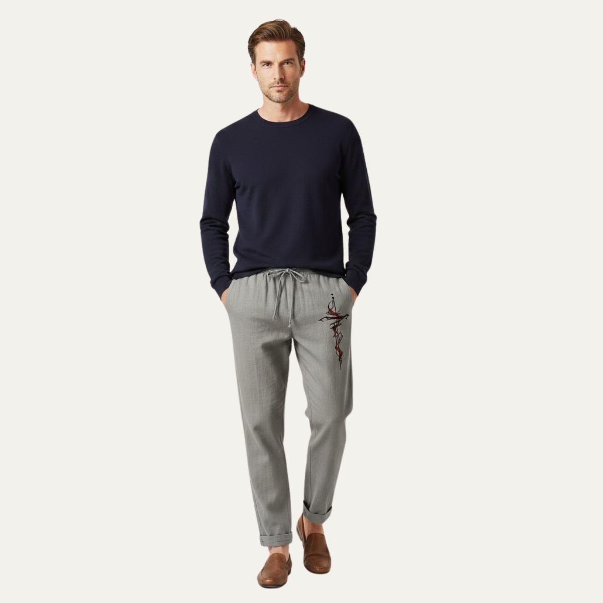 Men's Linen Wide Leg Pants Lightweight Relaxed Fit Beige