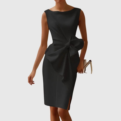 Women's Sleeveless Midi Dress Boat Neck Bow Detail - VibreMode