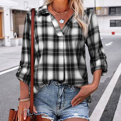 Women's Long Sleeve V Neck Checked Blouse - VibreMode