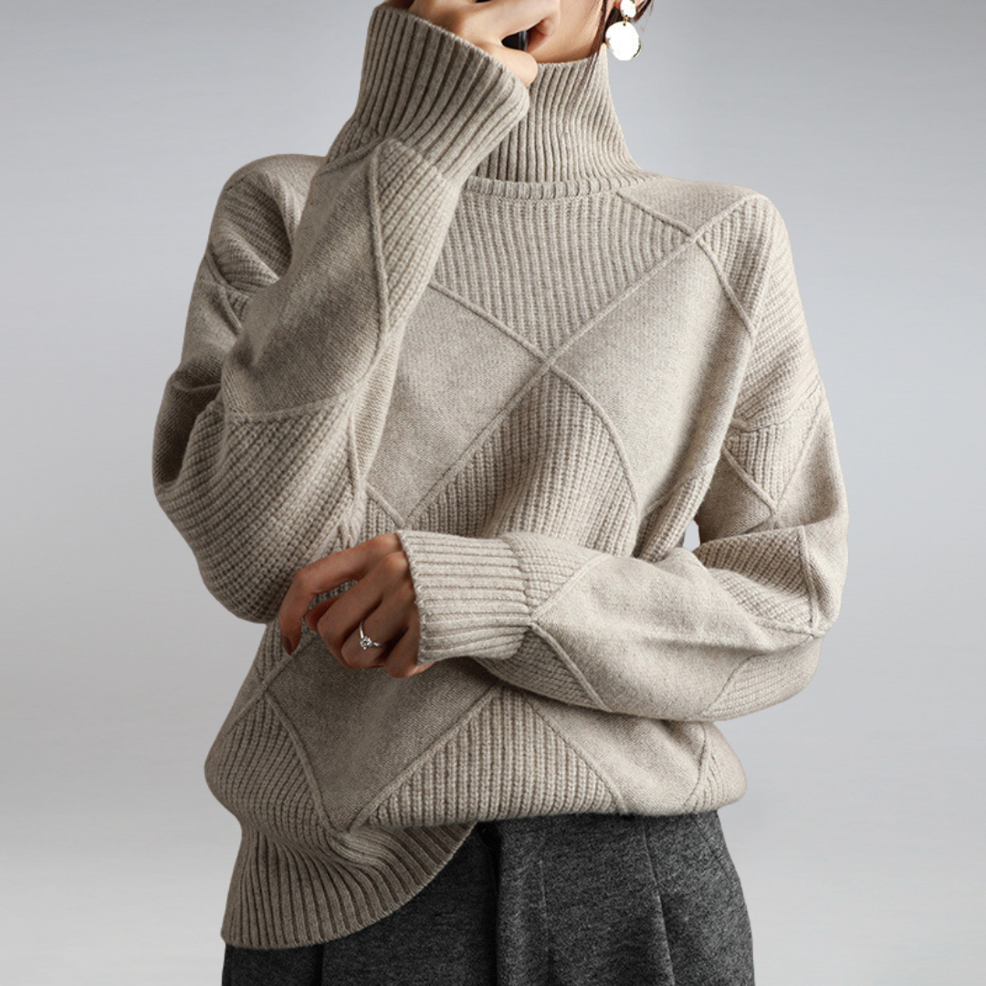 Women's Turtleneck Sweater Diamond Knit Ribbed Cuffs - VibreMode