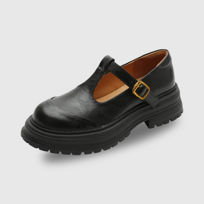 Women's T-Bar Mary Jane Shoes Round Toe Brogue Low Heel